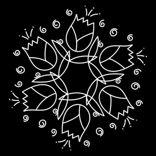 Kreis Blumen Tulpe Mandala weißes Ornament auf schwarzem Hintergrund runden dekorativen geometrischen Deckchen Muster Vektor