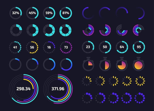 Kreis-Dashboard-UI Runde Fortschrittsleiste und grafisches Element der Download-Status-Anwendungsschnittstelle Zeit-Tracker-Infografik-Set für das Vektor-Bedienfeld