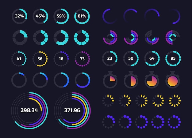 Kreis-dashboard-ui runde fortschrittsleiste und grafisches element der download-status-anwendungsschnittstelle zeit-tracker-infografik-set für das vektor-bedienfeld