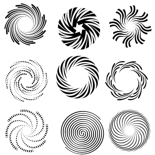 Kreis-Design-Elemente Satz von spiralförmigen Elementen Spiral-Ikonensatz Wirbel-Helix-Gyr-Curl-Schleife-Symbol