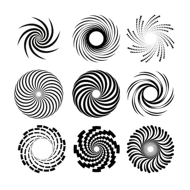 Kreis-Design-Elemente Satz von spiralförmigen Elementen Spiral-Ikonensatz Wirbel-Helix-Gyr-Curl-Schleife-Symbol