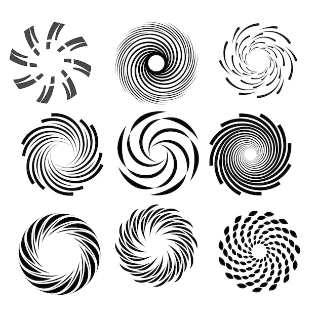 Kreis-Design-Elemente Satz von spiralförmigen Elementen Spiral-Ikonensatz Wirbel-Helix-Gyr-Curl-Schleife-Symbol