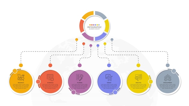 Kreis-Infografik mit 6-Schritten-Prozess oder Optionen-Prozessdiagramm