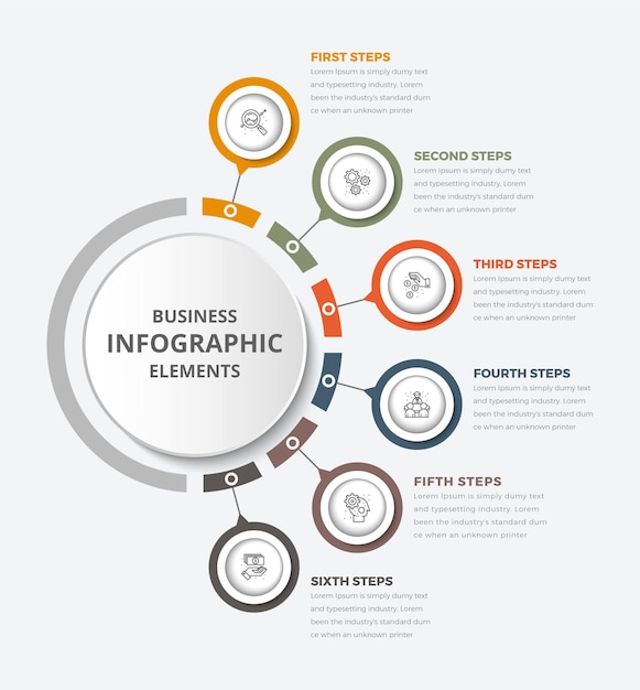 Kreis-infografiken infograph 6-element mit mittelkreis-grafikdiagramm mit symbolen