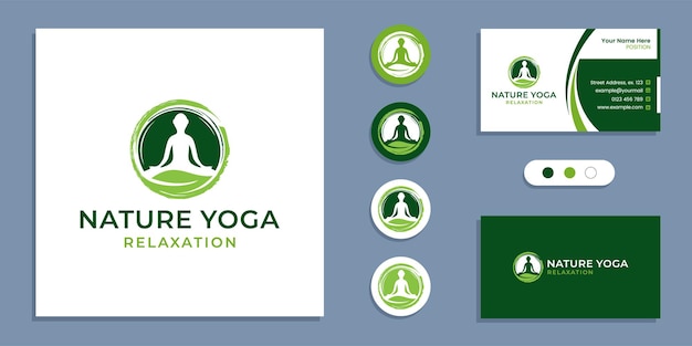 Kreis-zen, yoga-leute mit blatt, natur-yoga-meditationslogo und visitenkarten-designvorlage