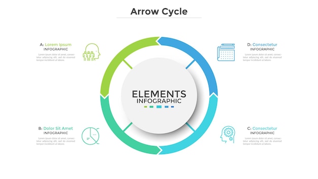 Kreisdiagramm in 4 bunte pfeilartige teile unterteilt. konzept der vier stufen des zyklischen prozesses. einfache infografik-design-vorlage. flache vektorillustration zur visualisierung von geschäftsdaten.