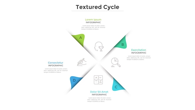 Kreisdiagramm mit 4 weißen papiersektoren. konzept des zyklischen geschäftsprozesses mit vier phasen oder phasen. minimales infografik-design-layout. moderne vektorillustration für geschäftspräsentation.