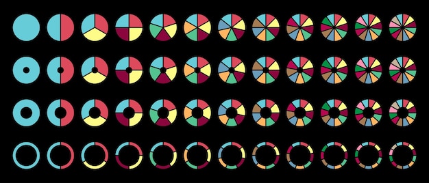 Kreisen Sie Kreisdiagramme um Diagrammabschnitte oder -schritte auf schwarzem Hintergrund ein