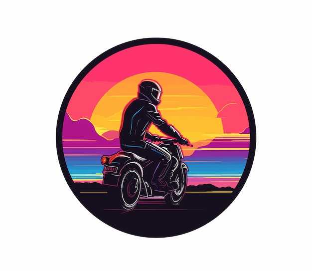 kreisförmige Illustration eines Motorradfahrers und ein Sonnenuntergangshintergrund