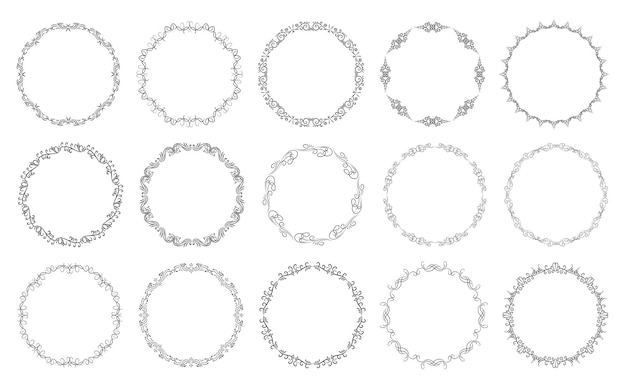 Kreisförmige schwarz-weiße blumenkränze satz von runden blumenrahmen vektorrahmenränder