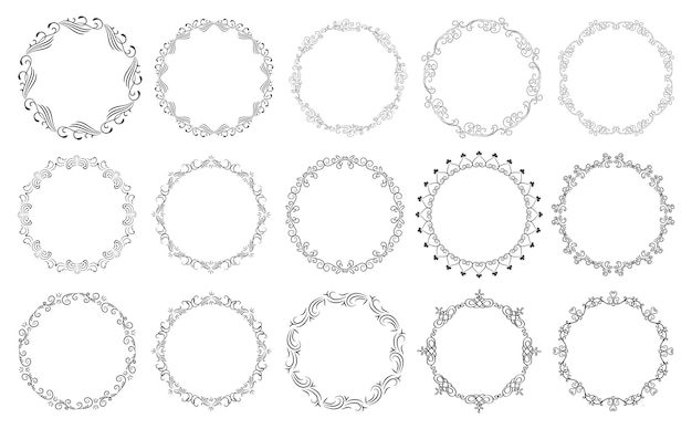 Kreisförmige schwarz-weiße blumenkränze satz von runden blumenrahmen vektorrahmenränder