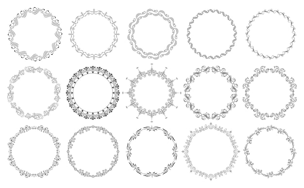 Kreisförmige schwarz-weiße blumenkränze satz von runden blumenrahmen vektorrahmenränder