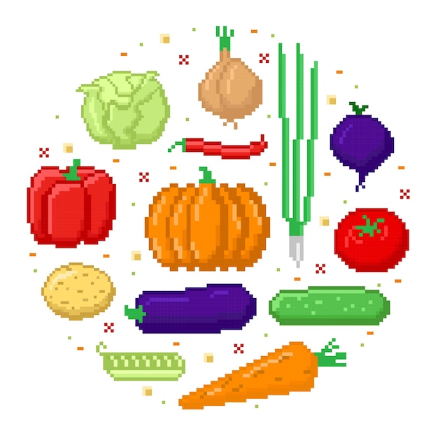 Kreisförmige Zusammensetzung verschiedener Gemüsearten Pixel-Illustration auf weißem Hintergrund