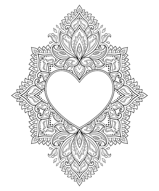 Kreisförmiges Muster in Form eines Mandalas mit Rahmen in Form eines Herzens. Dekorative Verzierung im ethnisch orientalischen Mehndi-Stil.