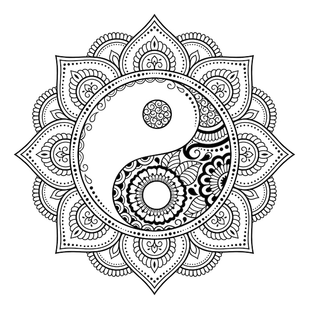 Kreisförmiges muster in form von mandala für henna mehndi tattoo dekoration dekoratives ornament im ethnischen orientalischen stil mit yinyang handgezeichnetem symbol umriss doodle vektor-illustration