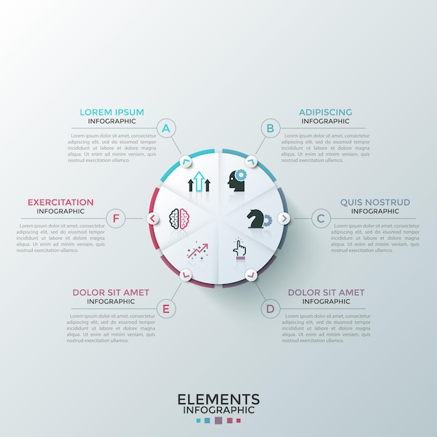 Kreisförmiges tortendiagramm, unterteilt in 6 teile mit flachen symbolen im inneren und pfeilen, die auf textfelder zeigen. konzept von sechs funktionen des startprojekts. infografik-design-layout.