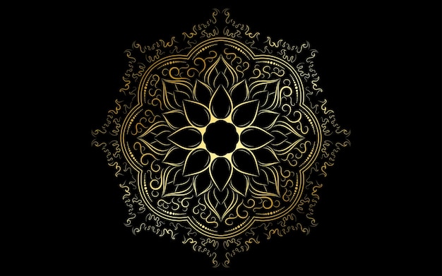 Kreismuster blütenblatt blume von mandala mit goldfarbevector blumenmandalamuster einzigartiges design mit schwarzem hintergrundhand gezeichnetes muster