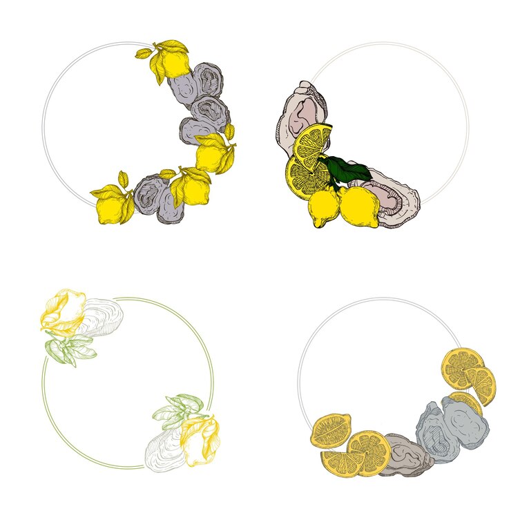 Vektor kreisrahmen mit austern und zitrone hand gezeichnet runde linie grenze blätter und blumen hochzeitsinvitation und karten logo design und poster vorlage elegant minimal stil blumen