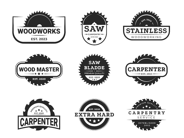 Kreissägen-zimmerei-logo. industrielle sägeblatt-silhouetten für logo-design,  tischlerei, professioneller service und schneiden von  holzausrüstungssymbolen. vektor isoliert