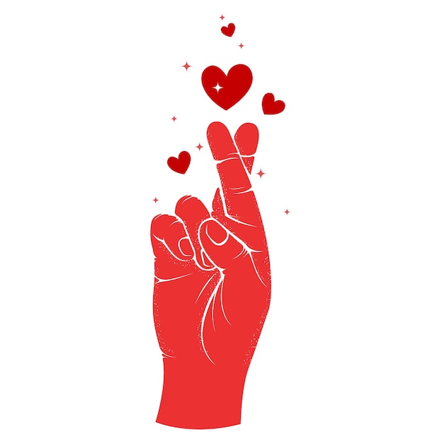 Kreuzte finger handgest und herzen valentinstag hoffnung zeichen falsches versprechen und glück