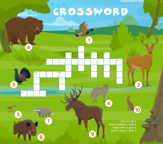 Kreuzworträtsel-Quizspiel Waldjagdtiere und Vögel Kreuzworträtsel-Quiz Wortsuchrätsel Vektor-Arbeitsblatt oder Vokabelspielaktivität mit Bären-Enten-Auerhuhn-Hirsch- und Wolf-Hasen-Tieren