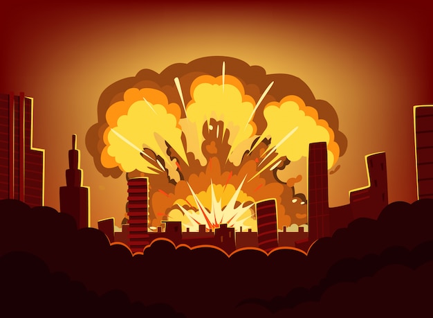 Krieg und Schäden nach großer Explosion in der Stadt. Monochrome Stadtlandschaft mit Brand Himmel nach Atombombe. Radioaktives Armageddon, Vektorillustration
