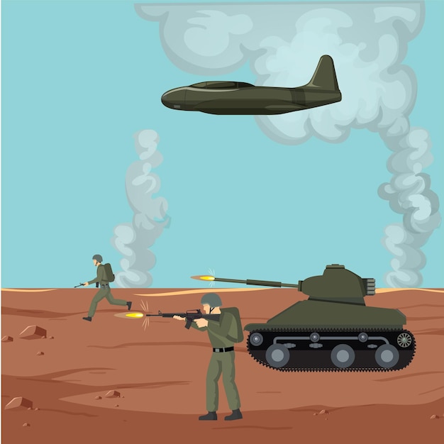 Kriegskonzeptillustration mit einem Panzer und einem Flugzeug im Hintergrund