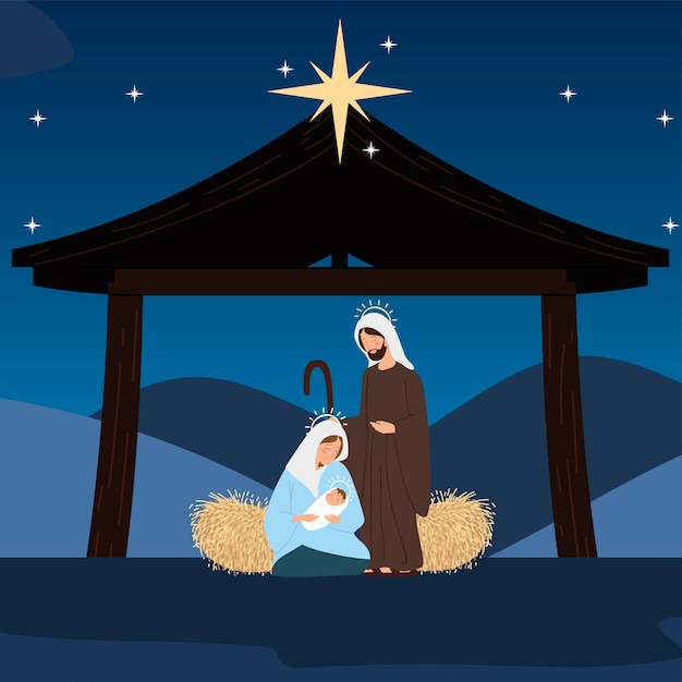 Krippe mary joseph und baby in der krippe stern krippe vektor-illustration