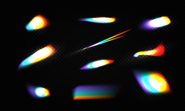 Vektor kristall-regenbogen-licht-leck-flare-reflektions-effekt-vektor-illustrationssatz farbiger optischer regenbogen