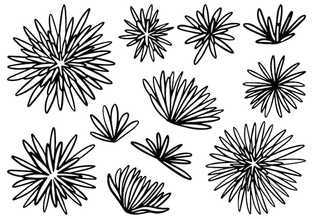 Kritzeleien sammlung abstrakter chrysanthemenblumen. handgezeichnete vektorgrafiken. schwarze umriss-cliparts isoliert auf weiss. einfache botanische elemente für design, karten, druck, dekor, aufkleber.