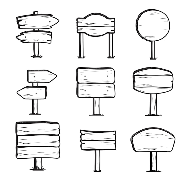 Vektor kritzeln sie hölzerne verkehrsschilder, hand gezeichnete wegweisersammlung