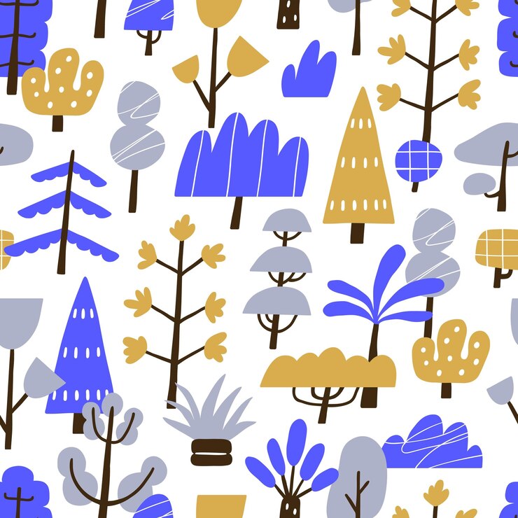 Vektor kritzeln sie naive bäume, nahtloses muster. endloser waldhintergrund mit waldpflanzen im abstrakten, primitiven stil. wiederholter druck für kinder, texturdesign. kindliche flache grafische vektorillustration