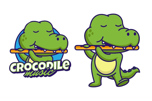 Krokodil, das flötenmusik-logoentwurf spielt