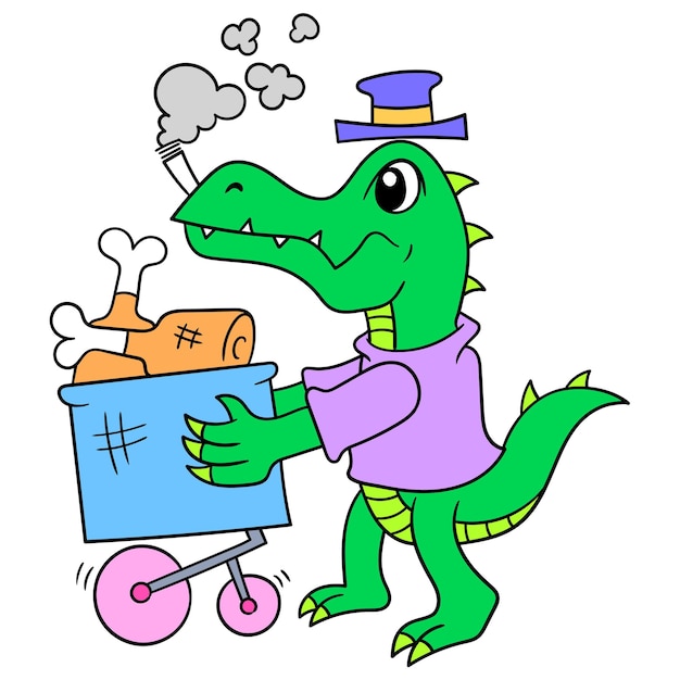 Krokodil, das laufwagen trägt, um lebensmittelfleisch zu kaufen, vektorillustrationskunst. doodle symbolbild kawaii.