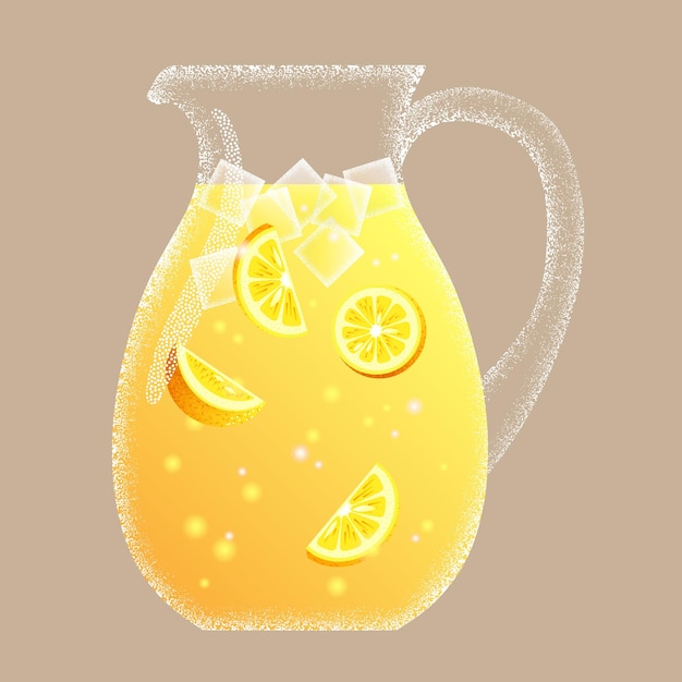 Krug für Limonadensaft, Zitronengetränk, Glas mit gelben Eiswürfeln und Orangenscheiben
