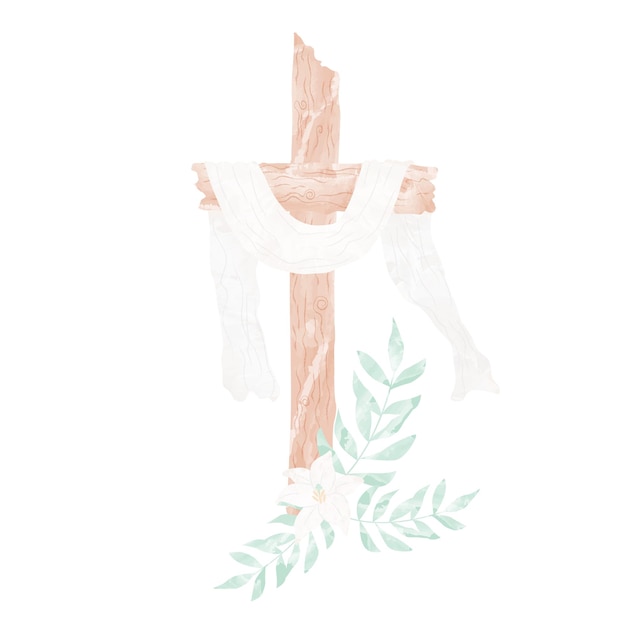 Kruzifix oder Kreuz und Blumen Lilien und Palmblätter Er ist auferstanden Auferstehung Christi Ostern Hochzeit Taufe Aquarellmalerei