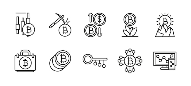 Krypto-Ikonensatz Bitcoin- und Blockchain-Symbolensammlung Digitale Währung Vektor-Illustration Bergbau