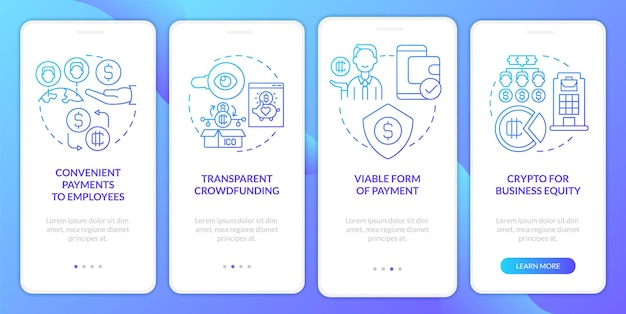 Krypto-Stärken in der Verwendung blauer Farbverlauf Onboarding-Bildschirm der mobilen App Walkthrough 4 Schritte grafische Anleitungsseiten mit linearen Konzepten UI UX GUI-Vorlage Myriad ProBold Reguläre Schriftarten verwendet