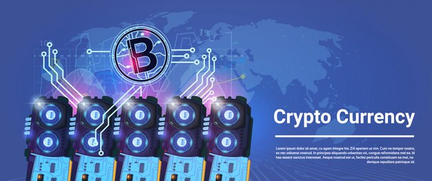 Krypto-währung bitcoin mining, das horizontales fahnen-weltkarte-hintergrund-digital-netz-geld-konzept bewirtschaftet