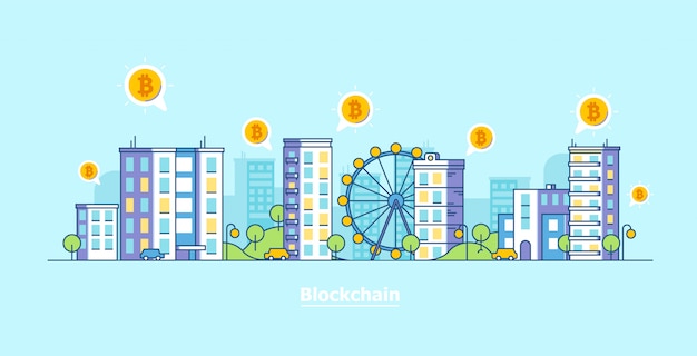 Krypto-währung stadt. flache vektorillustration der bitcoin- und blockchain-technologie.