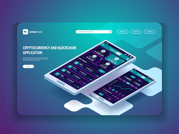 Kryptowährung und Blockchain-Anwendung für Smartphones. Header-Vorlage für Ihre Website. Landing Page.