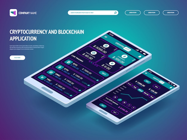 Kryptowährung und Blockchain-Anwendung für Smartphones. Header-Vorlage für Ihre Website. Zielseite.