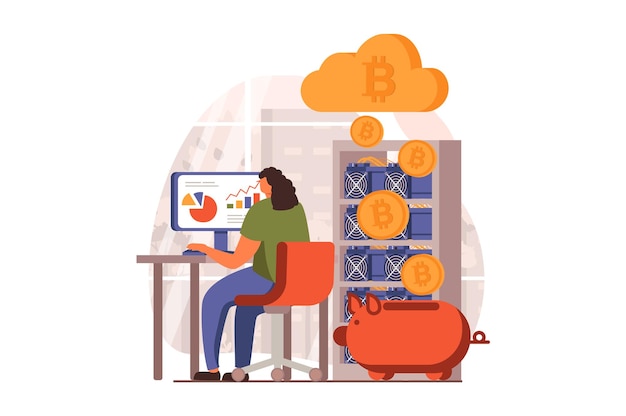 Kryptowährungs-Mining-Webkonzept in flachem Design Frau erstellt ihre eigene Mining-Farm und analysiert sie