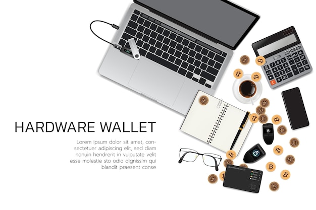 Kryptowährungs-Technologiekonzept Hardware-Kryptowährungs-Wallet flache Vektordarstellung von oben