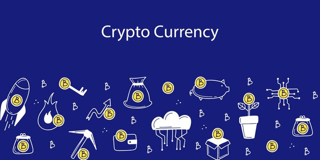 Kryptowährungsbanner Bitcoin-Leihseite Linie Finanzobjekte skizzieren Kryptomünzen Blockchain-Technologie Mining Exchange und Groth Wallet Investment Symbol Vektor isoliertes Doodle-Poster