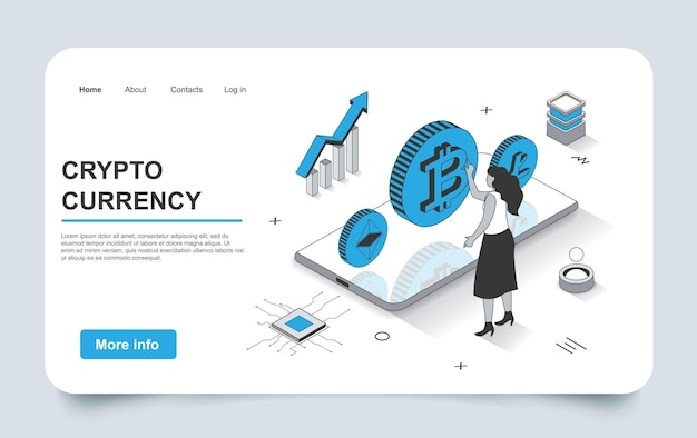 Kryptowährungskonzept in isometrischem 3D-Landing-Page-Gliederungsdesign Frau investiert Geld in Bitcoins
