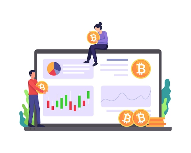 Vektor kryptowährungsmarktplatz-illustrationsleute analysieren diagramm digitale geldanlage und handel