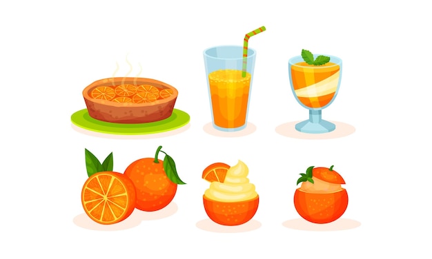 Vektor kuchensaft und andere orangendesserts vektorillustration auf weißem hintergrund