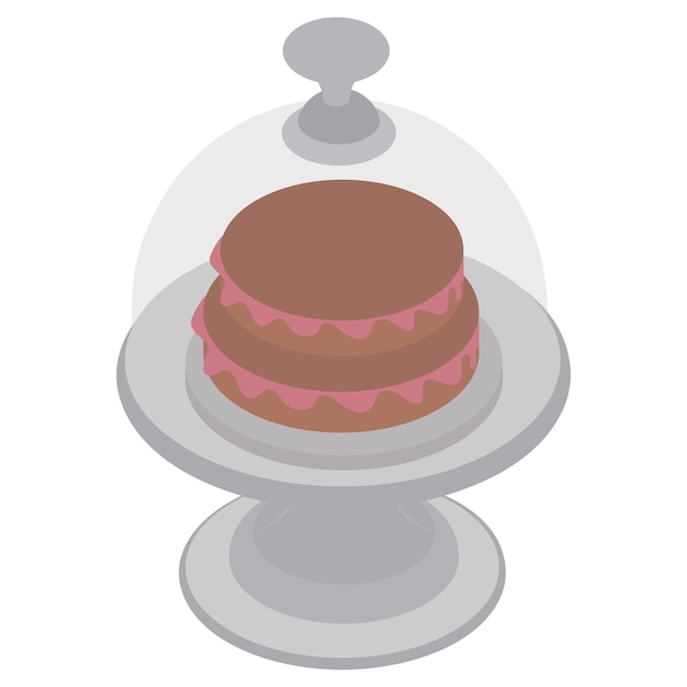 Kuchenstand mit kuppeldeckel isometrisches konzept lebensmittel-anzeigeplatte vektor-ikonen-design bäckerei und bäcker