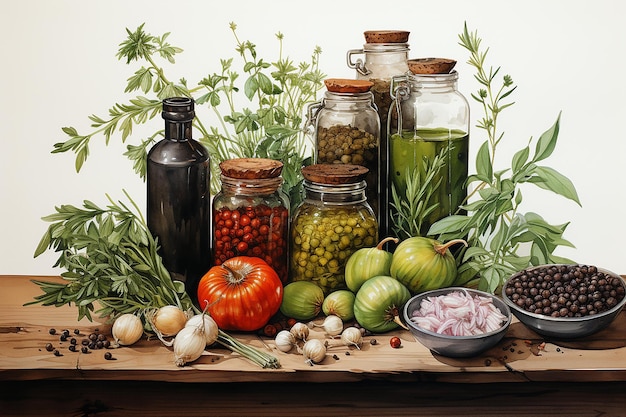Vektor küche gewürze olivenöl gewürzgefäße lorbeerblatt pfeffermühle handgezeichnetes aquarellbild